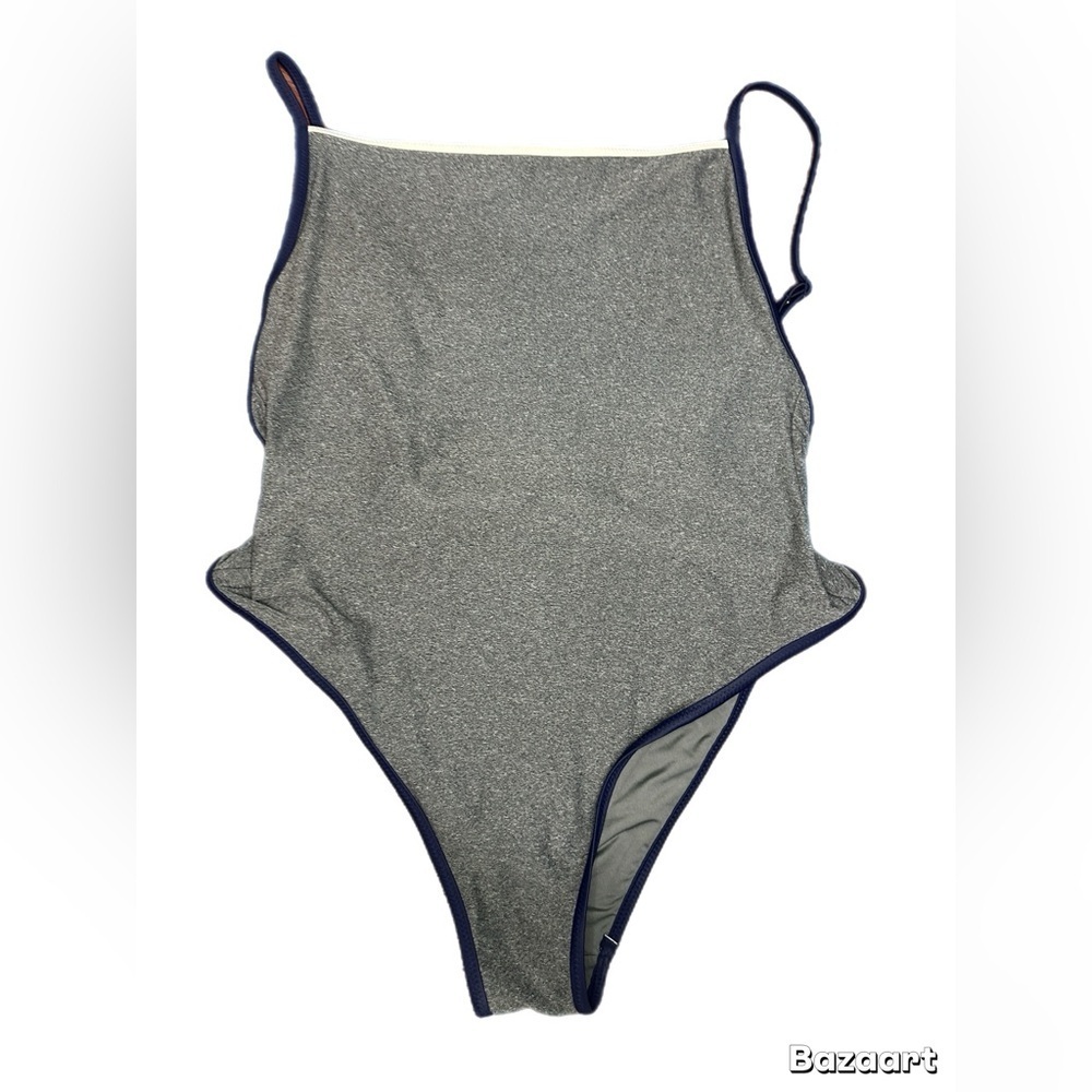 Aerie Gray One-Piece cheeky Swimsuit with Navy Trim size L